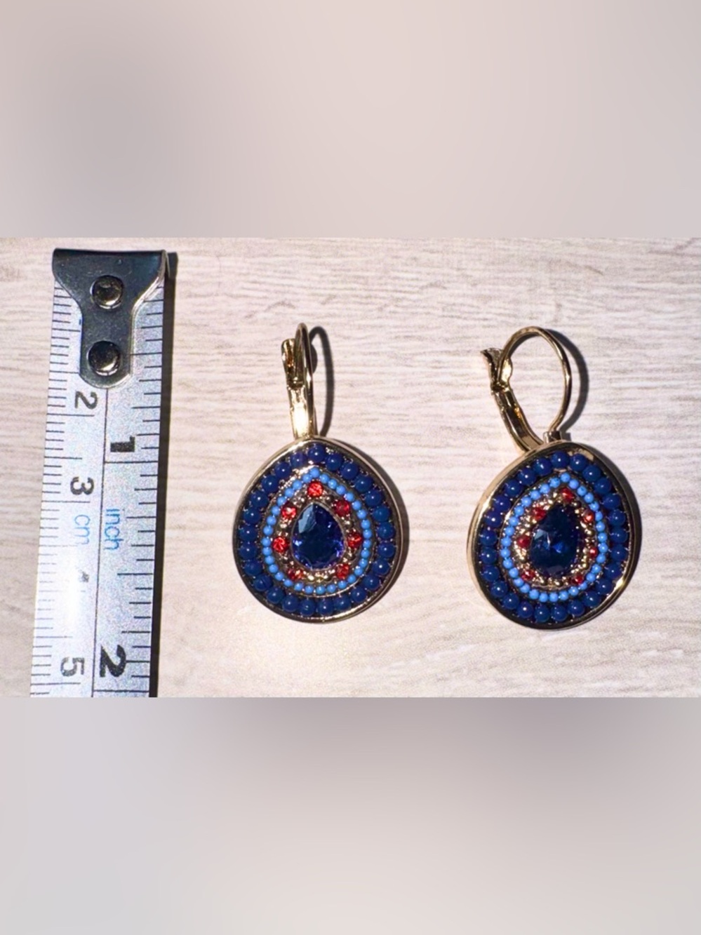 Beaded Gold-Tone Blue & Red Teardrop Crystal Drop Earrings - Picture 4 of 5